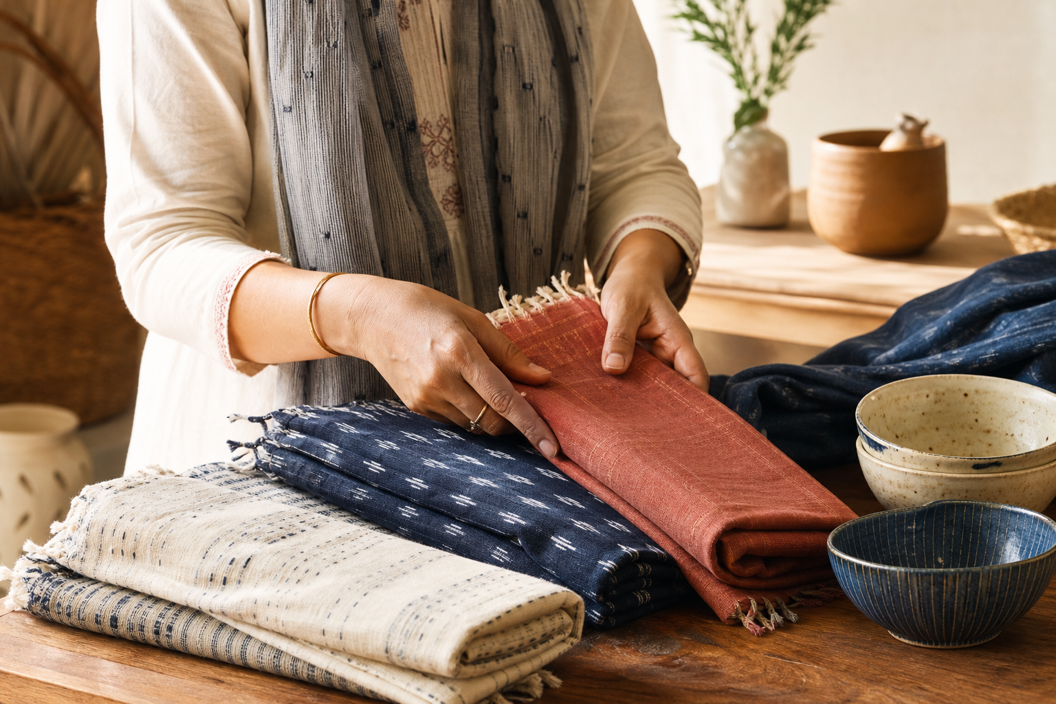 Naturally dyed handloom textiles and hand-crafted ceramics