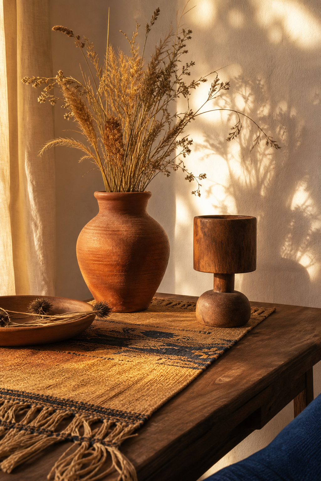 Artisan-made terracotta vase and handwoven home details